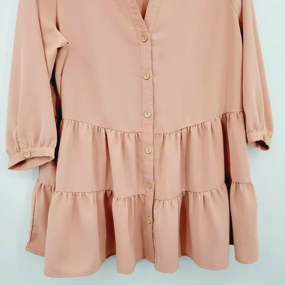 Entro Button-up Tiered Tunic Pink Size L Quarter Sleeve Solid Ruffle Split Neck - Picture 5 of 11
